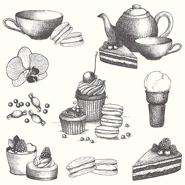 illustrations, cliparts, dessins animés et icônes de vecteur jeu de gâteau sucré vintage, bonbons et théière. - tea cup afternoon tea tea teapot