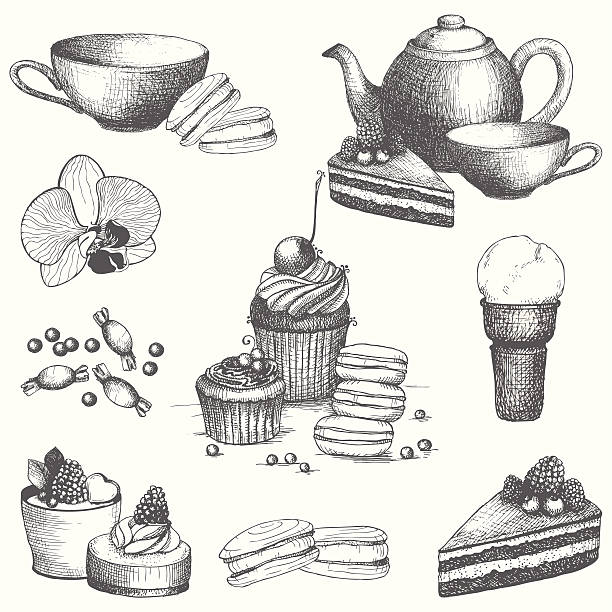 illustrazioni stock, clip art, cartoni animati e icone di tendenza di set vettoriale di torta dolce d'epoca, caramelle e teiera. - tea cakes