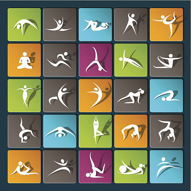 ilustraciones, imágenes clip art, dibujos animados e iconos de stock de moderno de iconos de dispositivos móviles, y interfaces - stretching exercising gym silhouette