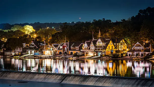 Boathouse Row by night taken from Spring Garden bridge in Philadelphia. Boathouse Row is a historic site located on the east bank of the Schuylkill River.