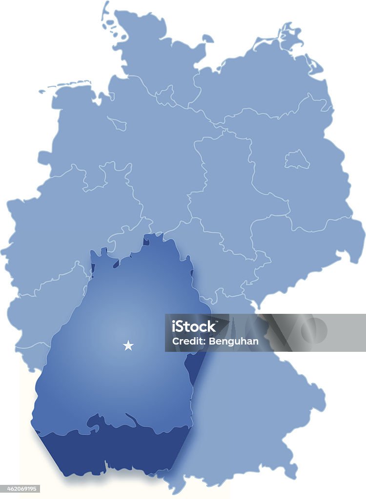 Map of Germany where Baden-Wurttemberg is pulled out Base map generated using map data from the public domain. (www.diva-gis.org/gdata, #from http://biogeo.ucdavis.edu/data/diva/adm/DEU_adm.zip), traced using Adobe Illustrator CS5.1, 1 layer. File created 12/15/2013. Germany stock vector