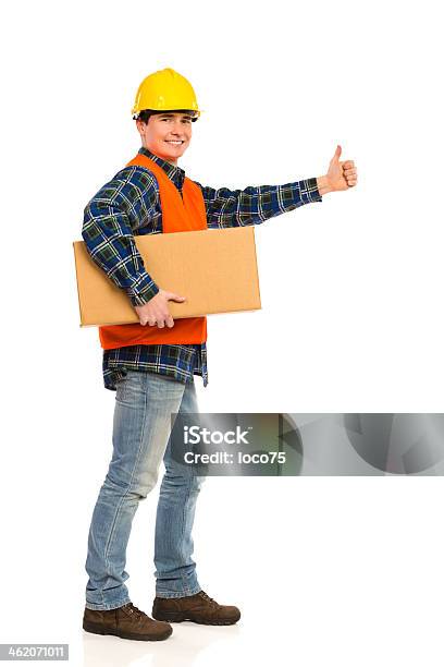 Construction Worker Showing Thumb Up Stock Photo - Download Image Now - Hand Raised, Men, Reflective Clothing