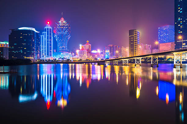 Night skyline of Macau viewed from the water Skyline of Macau, China from across Nam Van Lake. macao photos stock pictures, royalty-free photos & images