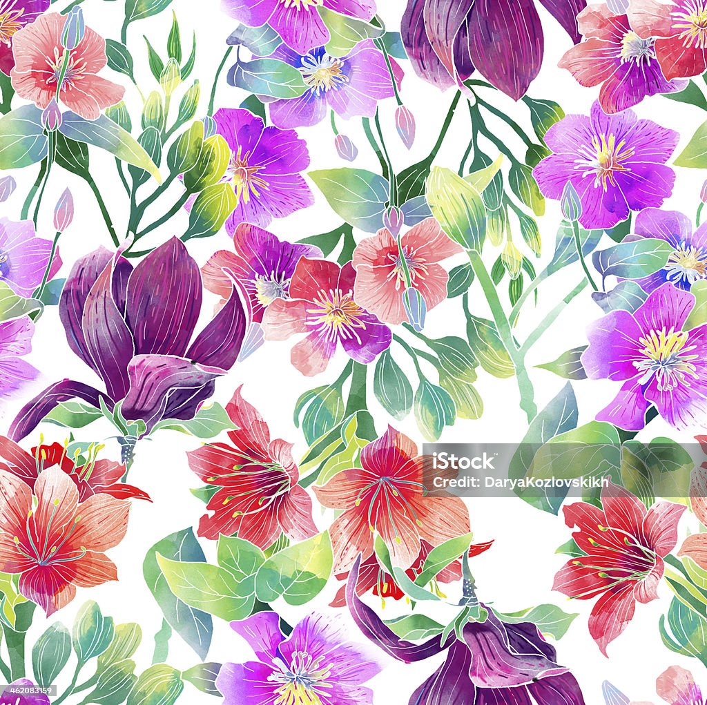 watercolor pattern of exotic flowers raster art watercolor pattern of exotic flowers Anemone Flower stock illustration