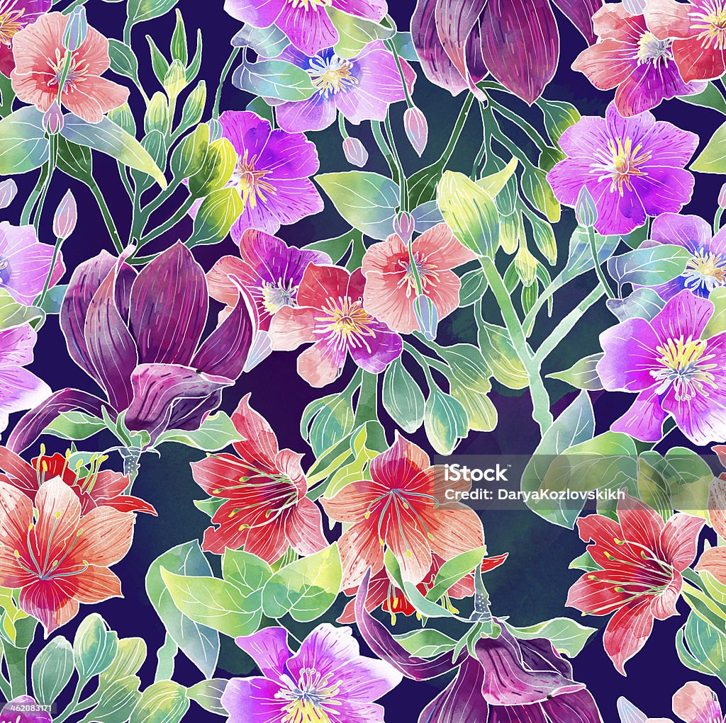 watercolor pattern of exotic flowers raster art watercolor pattern of exotic flowers Anemone Flower stock illustration