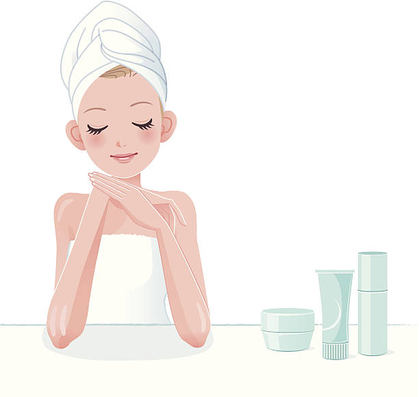 Beautiful girl in towel with beauty producs vector art illustration