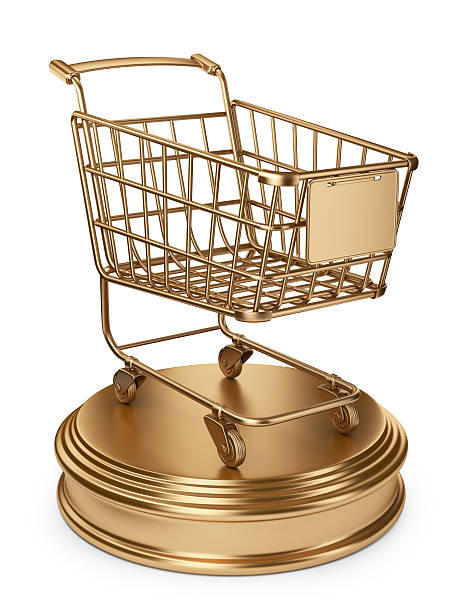 Golden Market cart. Best Sellers concept. 3D Icon isolated stock photo