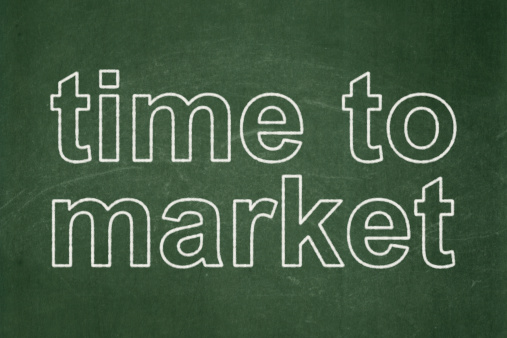 Timeline concept: text Time to Market on Green chalkboard background, 3d render