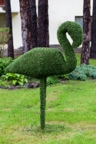 Figure flamingos made ââof synthetic mimics trimmed bush