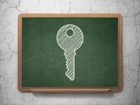 Privacy concept: Key icon on Green chalkboard on grunge wall background, 3d render