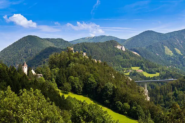 Landscape of Semmering with highway bridge, church and ruins of Klamm castle, Lower Austria, Austria, Europe