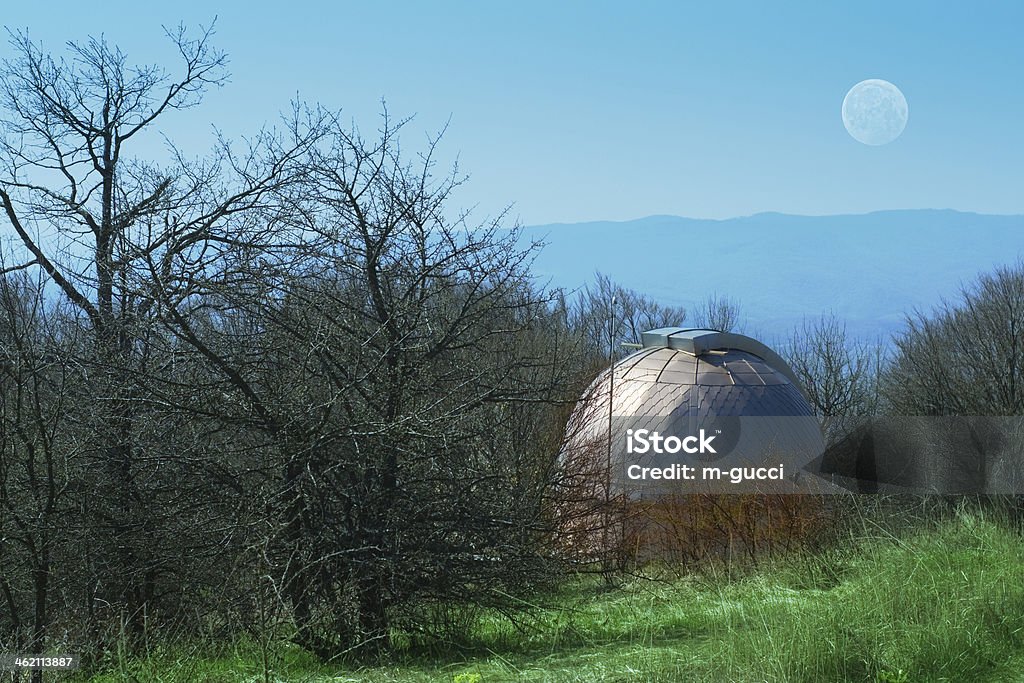 Astronomical Observatory Observatory dome and full Moon in background above mountains. Architectural Dome Stock Photo