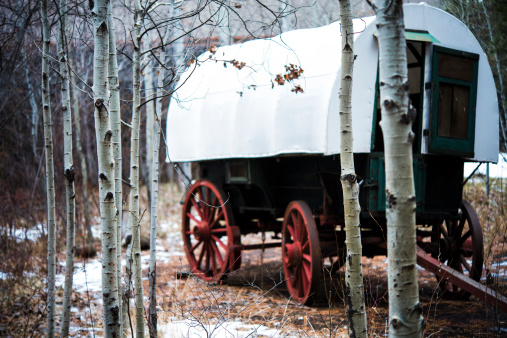 this is a photo of an antique wagon that was used on the oregon trail