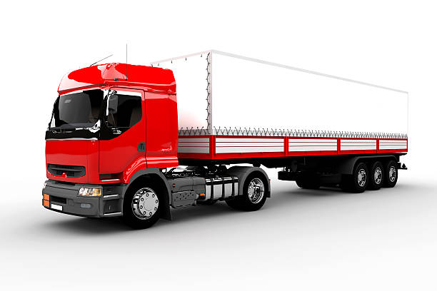 istock Large red and white truck against white background 462120009