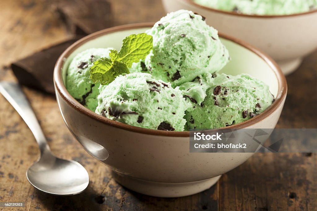 Organic Green Mint Chocolate Chip Ice Cream Organic Green Mint Chocolate Chip Ice Cream with a Spoon Ice Cream Stock Photo
