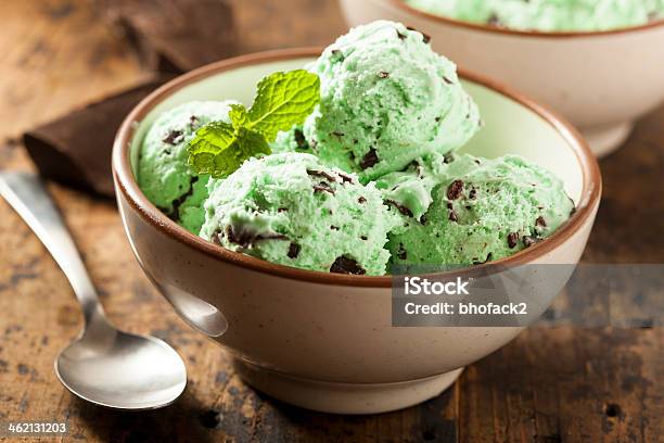 Organic Green Mint Chocolate Chip Ice Cream Stock Photo - Download Image Now - Ice Cream, Mint Leaf - Culinary, Chocolate