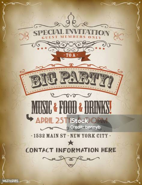 Vintage Big Party Invitation Poster Stock Illustration - Download Image Now - Advertisement, Ancient, Anniversary