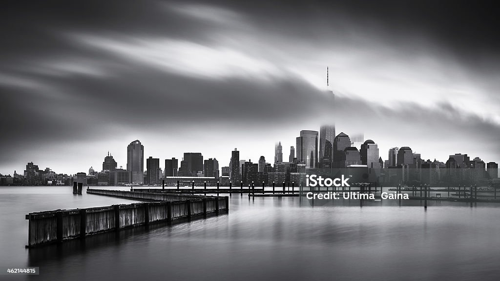 Gloomy Day for the Financial District Fine Art black and white Lower Manhattan photo, taken from Jersey City across the Hudson River. Black And White Stock Photo