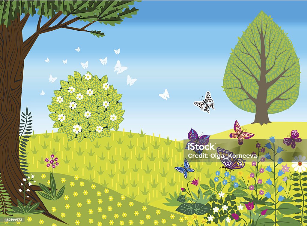 Spring vector retro landscape with flowers and butterflies. Agricultural Field stock vector