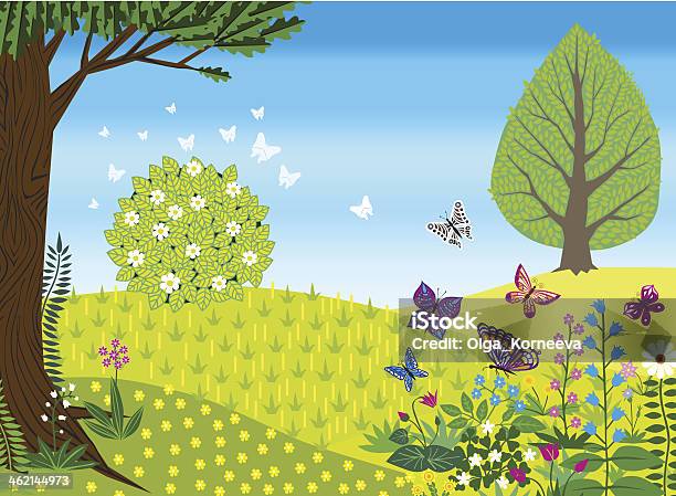 Spring Vector Retro Landscape With Flowers And Butterflies Stock Illustration - Download Image Now