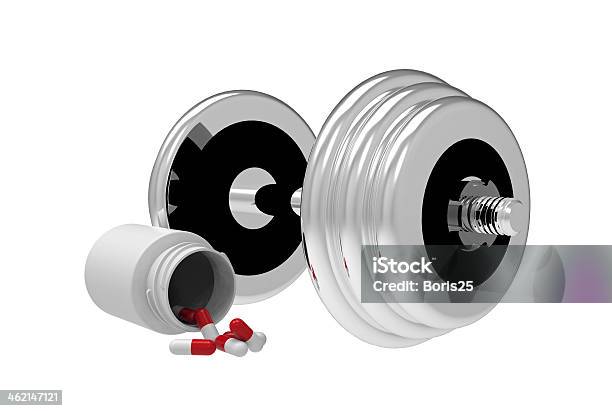 Dumbbell With Vial Of Pills Stock Photo - Download Image Now - Activity, Black Color, Bottle