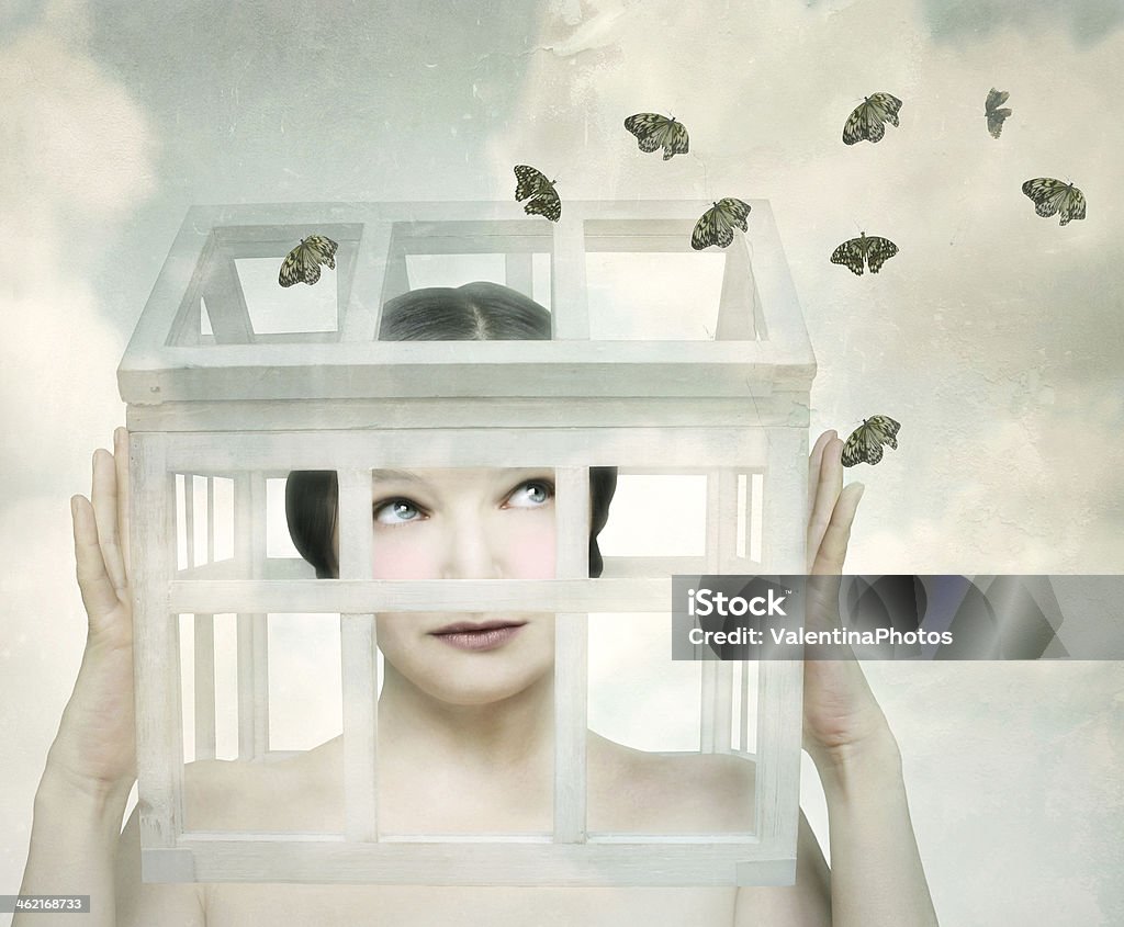 Out of my mind Surreal girl with a small wooden and and glass little house in her head that looks the butterflies outside Contemplation stock illustration