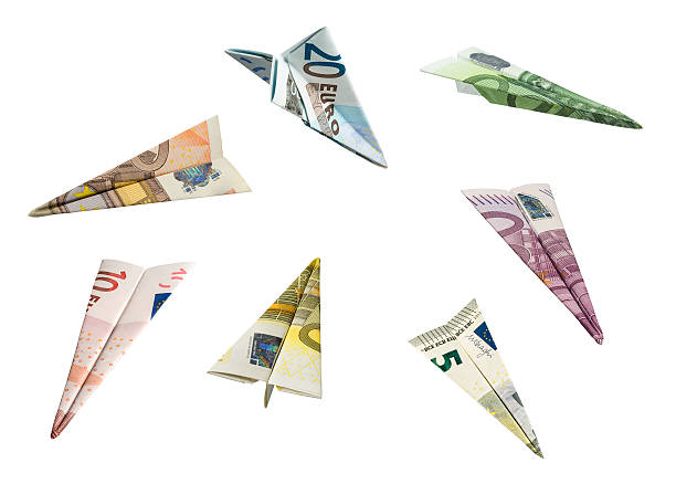 Money Airplanes EURO Currency Airplanes (with clipping paths) european union symbol stock pictures, royalty-free photos & images