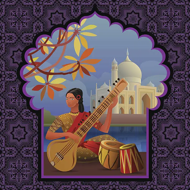 Vector illustration of Indian girl playing sitar near Taj Mahal