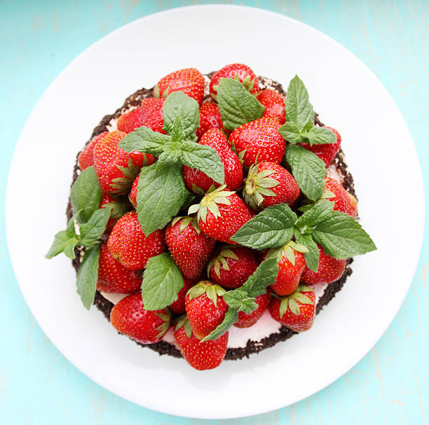 cake with strawberry, top view stock photo
