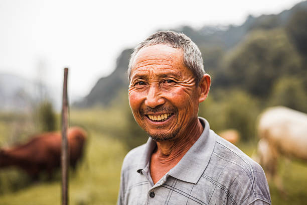 笑顔の農家、家畜を背景にし、中国陝西省の田舎の - china chinese culture forest chinese ethnicity ストックフォトと画像