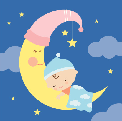 Vector illustration of a baby sleeping on the moon.