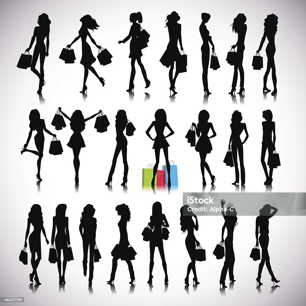 Shopping set Set of woman shopping silhouettes on the background Women stock vector