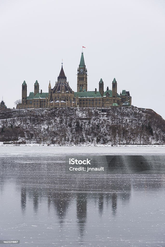 Parliament of Canada, Ottawa, Ontario, Canadian Tradition, icy river Canadian parliament in Ottawa. Parliament Building Stock Photo