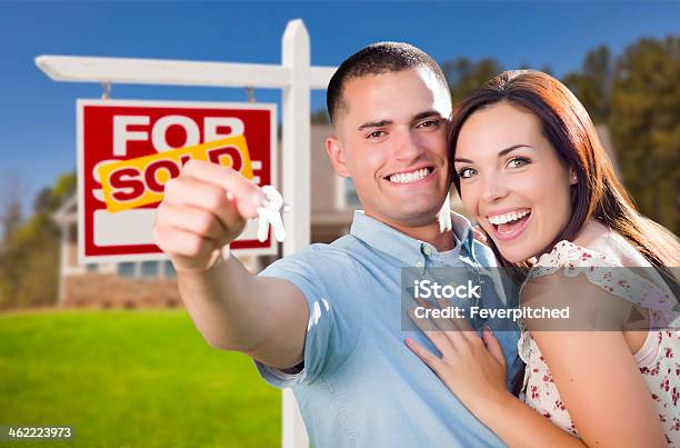 Military Couple In Front Of Home House Keys And Sign Stock Photo - Download Image Now