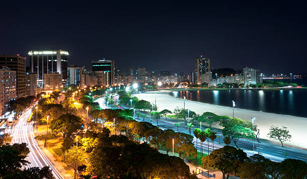 Rio de Janeiro Night Skyline Night View of Botafogo Beach and Guanabara Bay in Rio de Janeiro, Brazil. guanabara bay stock pictures, royalty-free photos & images