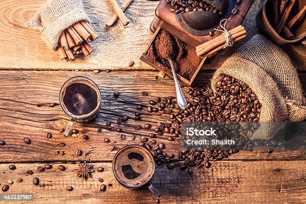 Enjoy Your Coffee Made Of Grinding Grains Stock Photo - Download Image Now - Bag, Brown, Cinnamon