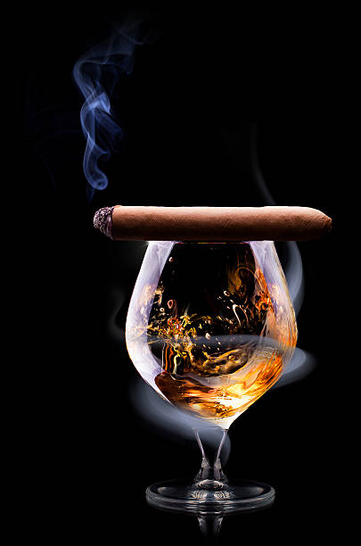 코냑 유리컵 슈라우드 만들진 흡연합니다 - cigar whisky bar cognac 뉴스 사진 이미지