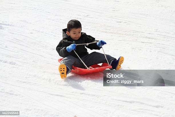 Niño Japonesa En Un Trineo Foto de stock y más banco de imágenes de Nieve - Nieve, Niño pequeño, 2-3 años