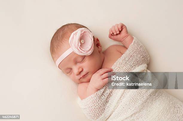 Newborn Baby Girl With Light Pink Flower Headband Stock Photo - Download Image Now - Baby Girls, Newborn, 0-11 Months