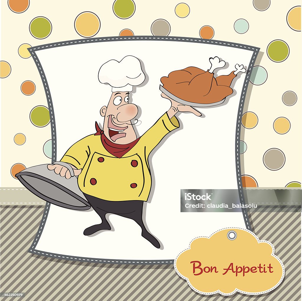 funny cartoon chef with tray of food in hand funny cartoon chef with tray of food in hand, vector illustration Adult stock vector