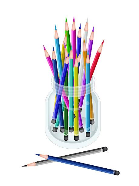 ilustraciones, imágenes clip art, dibujos animados e iconos de stock de conjunto de lápices de colores en un pote - education childhood school drawing compass