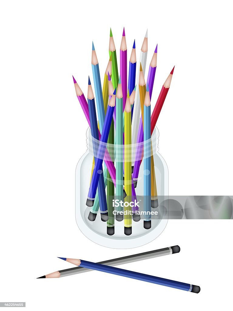 Group of Colored Pencils in A Jar Art Supply, An Illustration Collection of Colorful Colored Pencil Crayons for Sketch and Draw A Picture in Glass Jar Isolated on White Background. Colored Pencil stock illustration