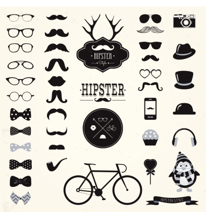 Hipster Black and White Retro Vintage Vector Icon Set, Mustaches, Hats, Badges, Labels, Bicycle Collection