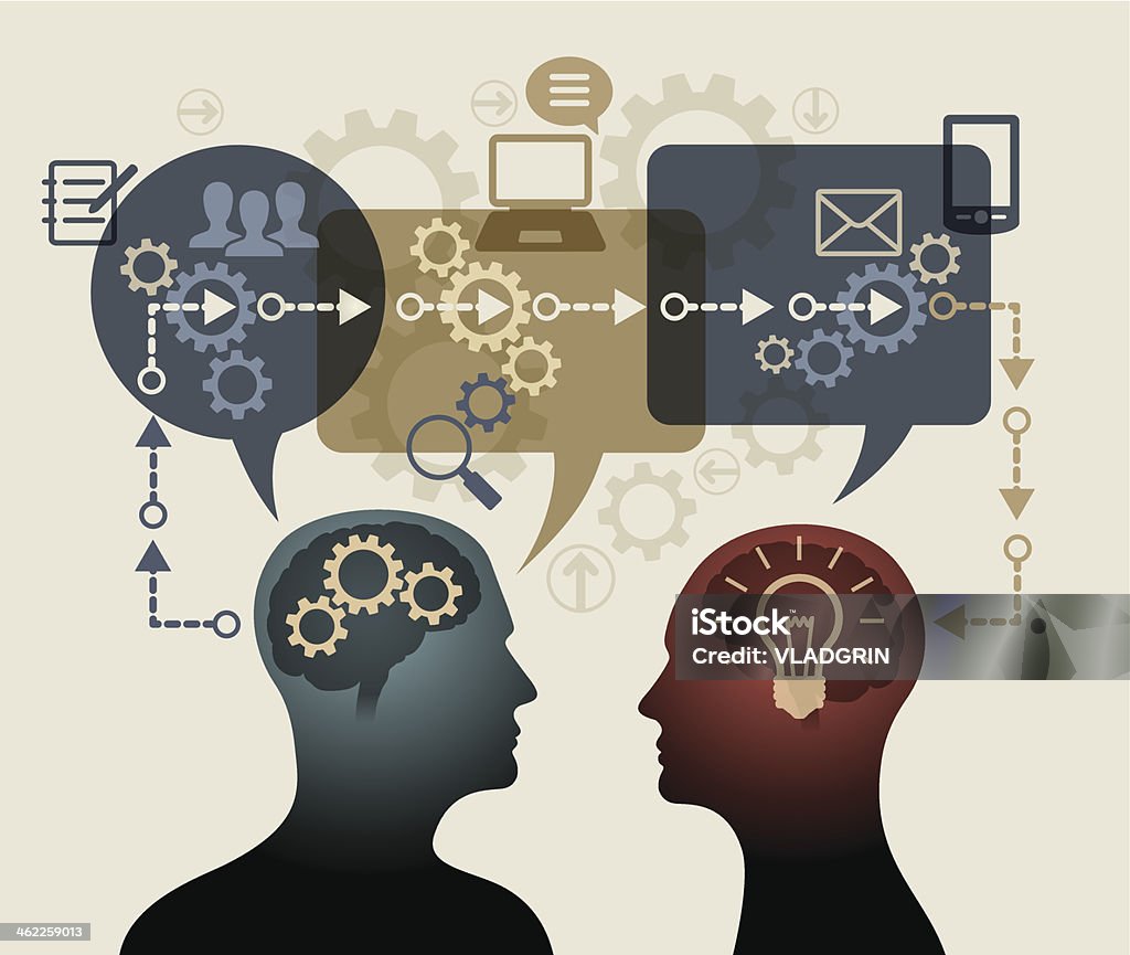 Instructive concepts and ideas Instructive concepts and ideas. Two silhouettes of people surrounded by speech bubbles, gears, arrows and icons. The file is saved in the version AI10 EPS. This image contains transparency. Advice stock vector