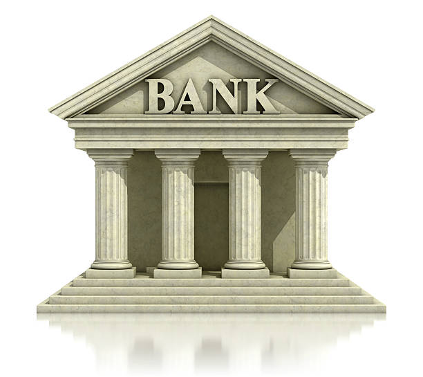 Graphic 3D icon of classic bank facade on white background stock photo