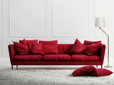 3d rendering of a red leather sofa in classic white style interior