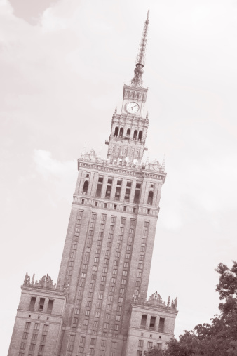 Palace of Culture and Science, Warsaw, Poland in Black and White Sepia Tone