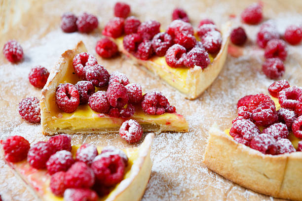 istock slices of cake with custard and raspberry 462272515