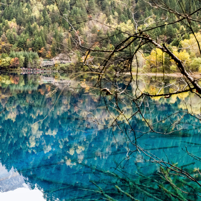 The Multicolor Lake of Jiuzhaigou national park in autumn, Sichuan province, China.