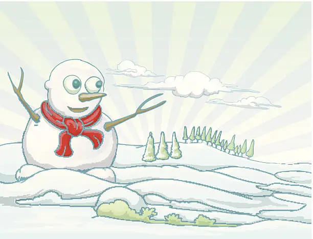 Vector illustration of single snow doll on cold season landscape